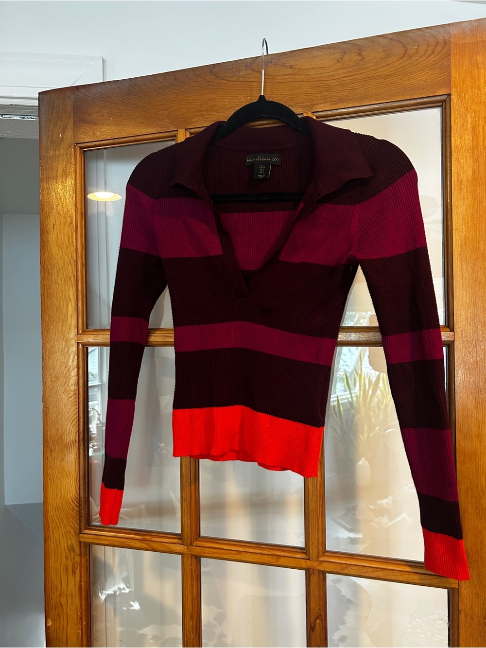 House of Harlow 1960 Striped V-Neck Sweater in Burgundy, Fuchsia & Red